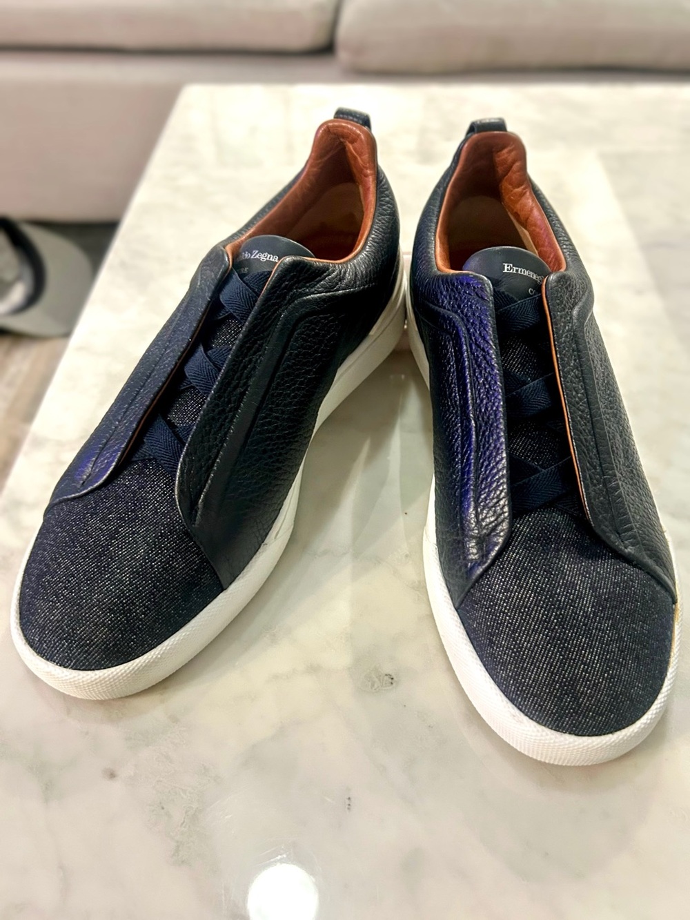 Zenga Navy Leather/Denim triple stitch sneaker Size 9